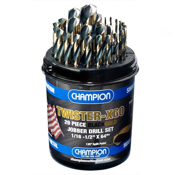 Champion Cutting Tool 29 Piece XGO BlackGold Heavy Duty Jobber Drill Twister Set, 1/16in - 1/2in by 64ths, Champion CHA TWISTER-XGO - main